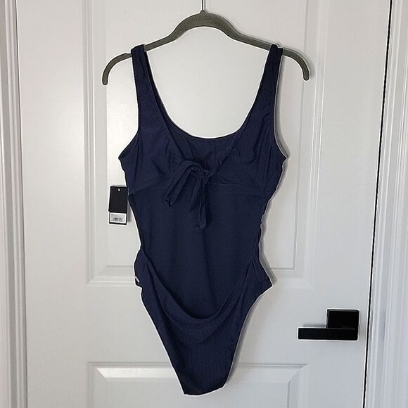 Nine West Solid Navy Blue Ribbed Tie Back One Piece Swimsuit - Size Large - Picture 4 of 15